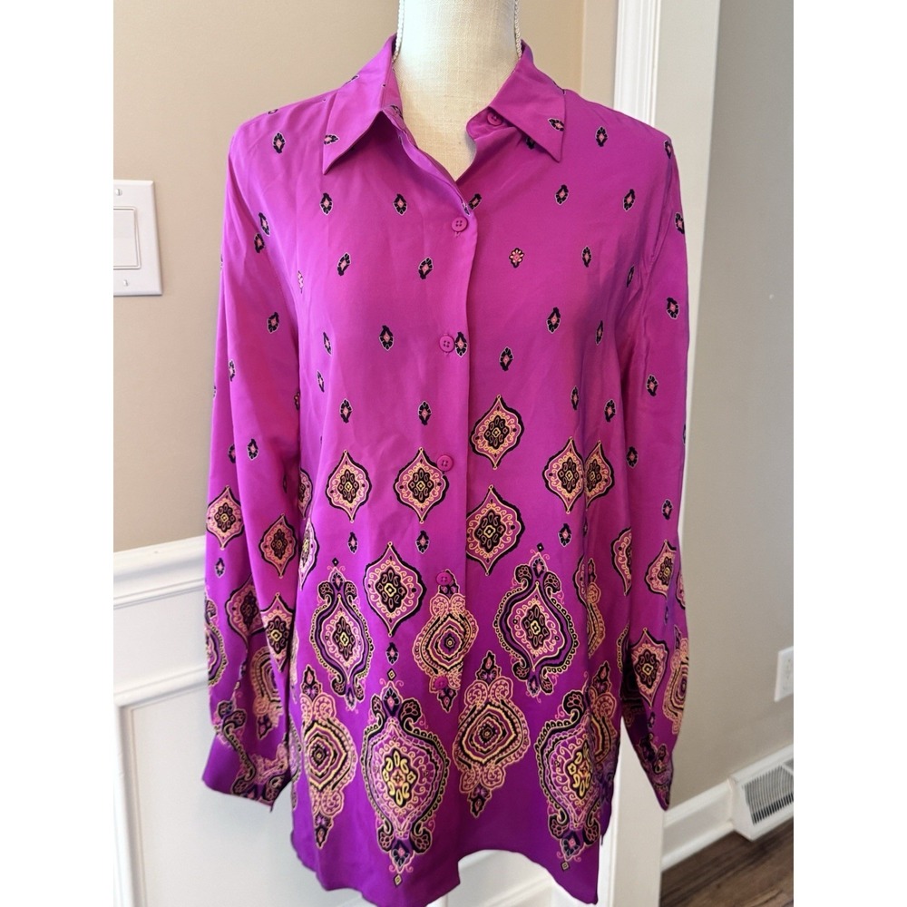 Silk Lore Wmn Sz Small Pink Magenta Print Button Up Silk Shirt Vintage‎